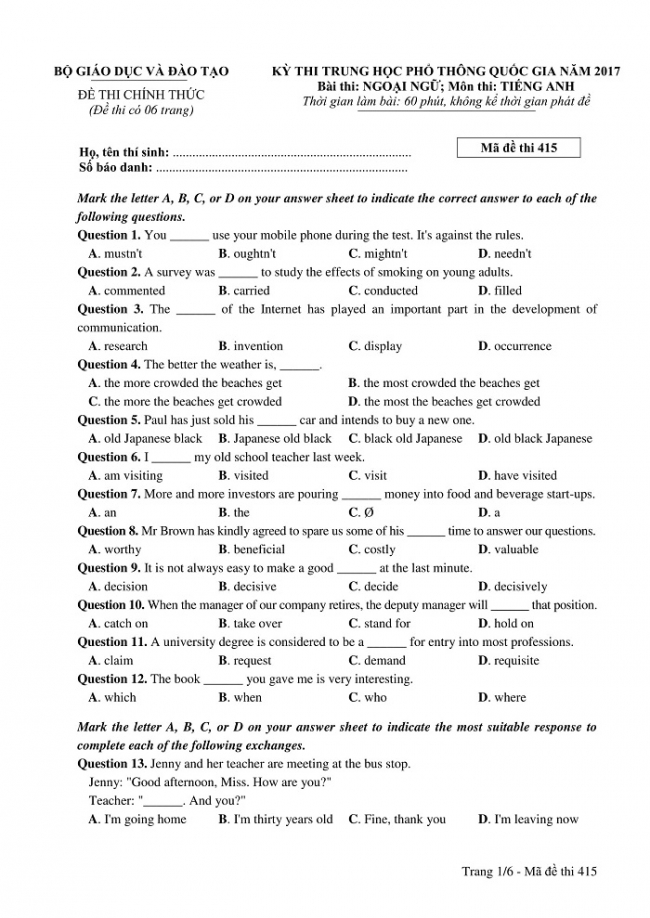 Đề và đáp án môn Tiếng Anh mã đề 415 thi THPT quốc gia năm 2017 - đáp án của bộ GD-ĐT
