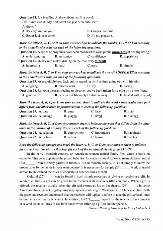Đề và đáp án môn Tiếng Anh mã đề 415 thi THPT quốc gia năm 2017 - đáp án của bộ GD-ĐT