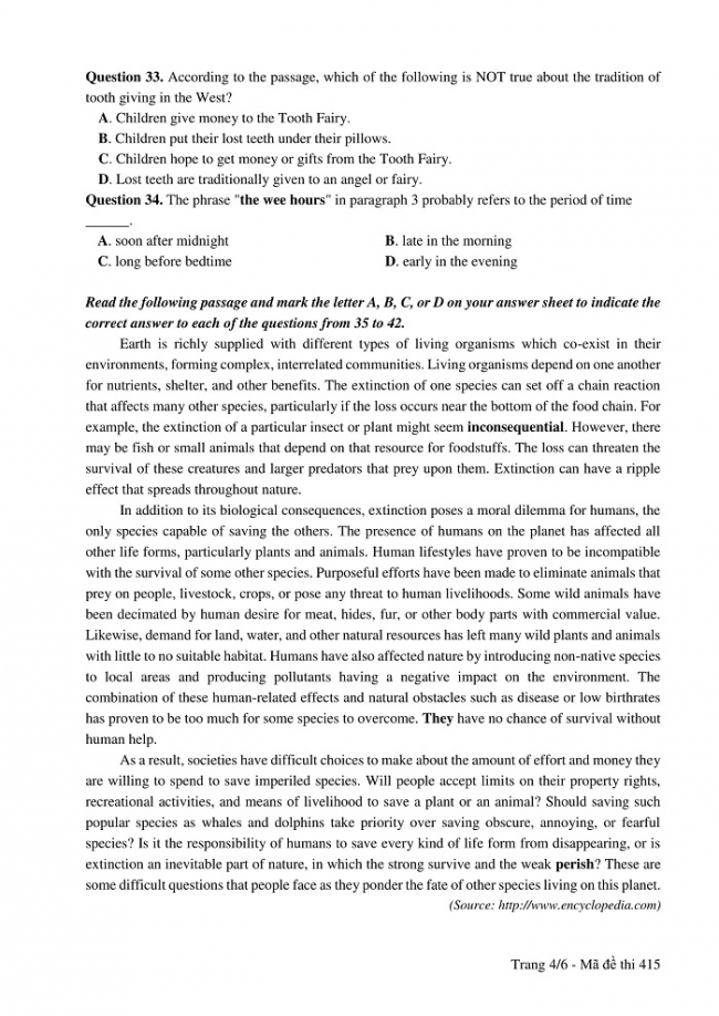 Đề và đáp án môn Tiếng Anh mã đề 415 thi THPT quốc gia năm 2017 - đáp án của bộ GD-ĐT