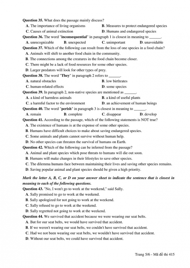 Đề và đáp án môn Tiếng Anh mã đề 415 thi THPT quốc gia năm 2017 - đáp án của bộ GD-ĐT