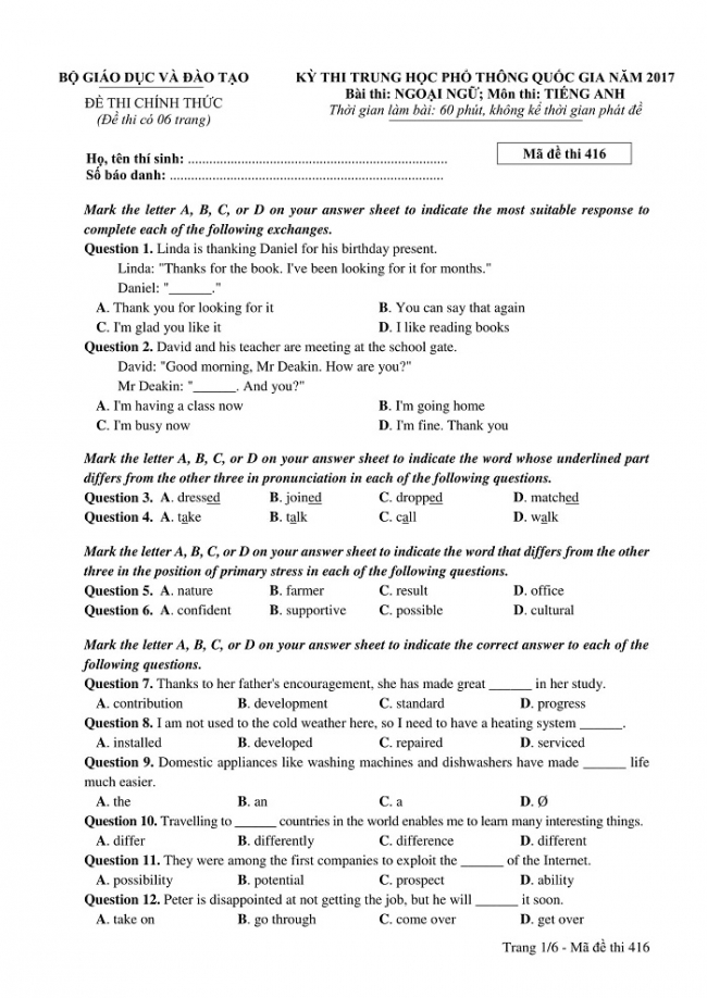 Đề và đáp án môn Tiếng Anh mã đề 416 thi THPT quốc gia năm 2017 - đáp án của bộ GD-ĐT