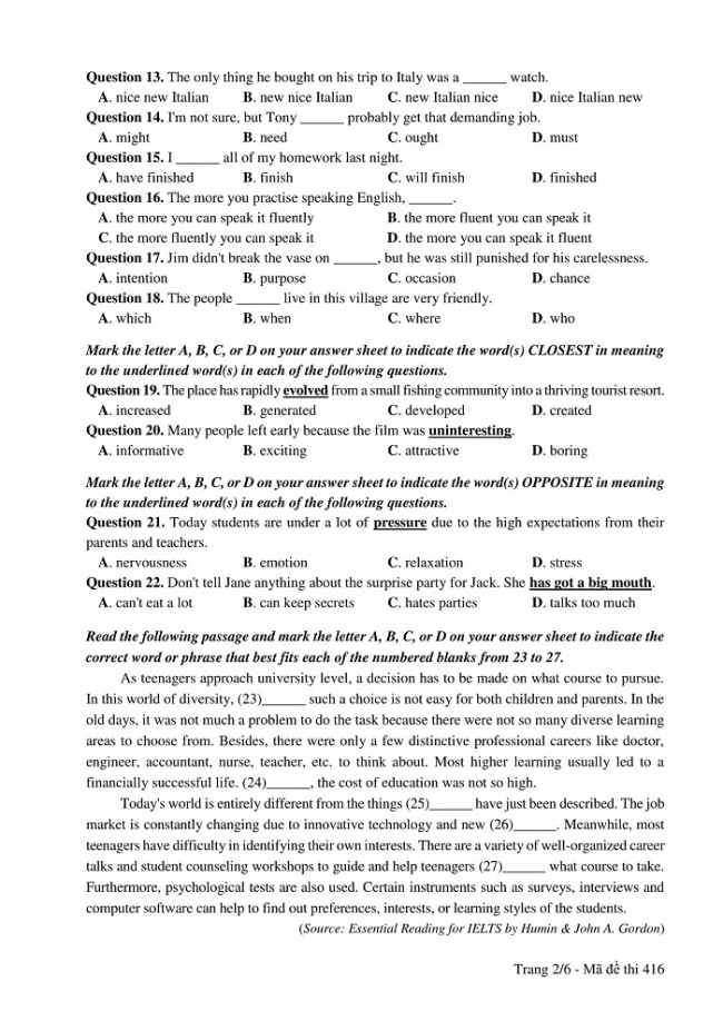 Đề và đáp án môn Tiếng Anh mã đề 416 thi THPT quốc gia năm 2017 - đáp án của bộ GD-ĐT