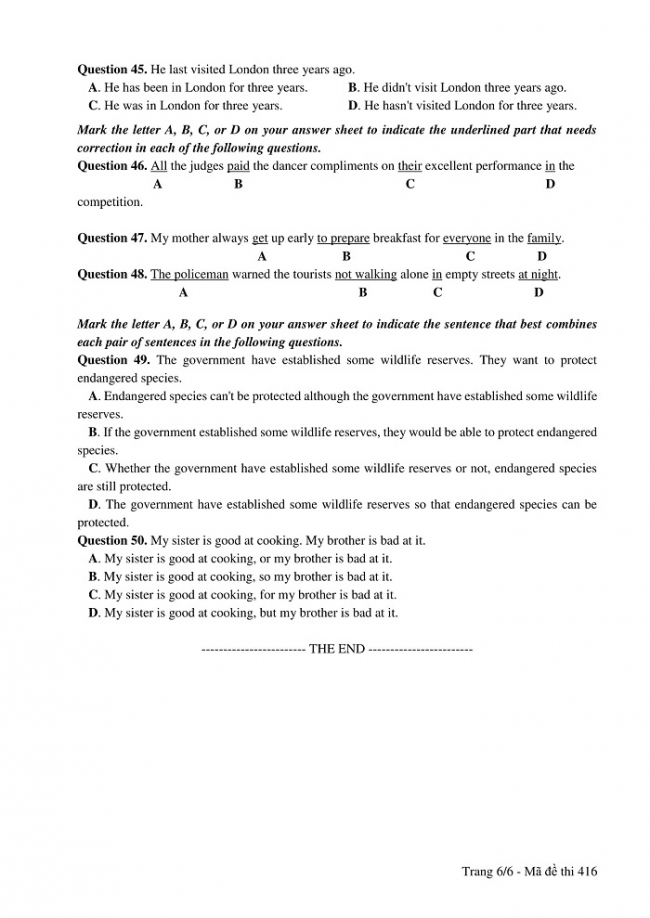 Đề và đáp án môn Tiếng Anh mã đề 416 thi THPT quốc gia năm 2017 - đáp án của bộ GD-ĐT