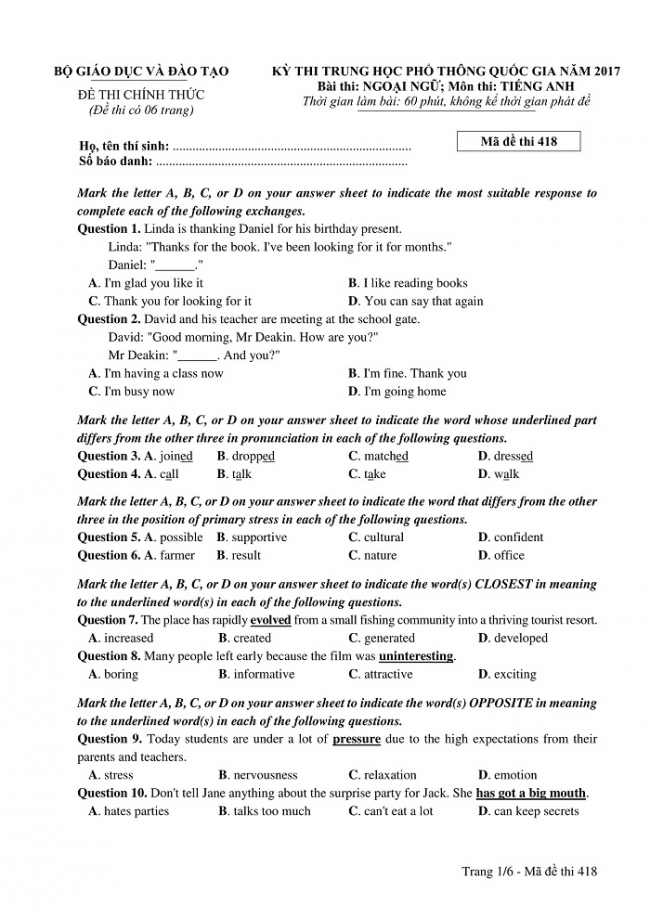 Đề và đáp án môn Tiếng Anh mã đề 418 thi THPT quốc gia năm 2017 - đáp án của bộ GD-ĐT