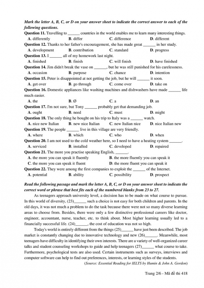 Đề và đáp án môn Tiếng Anh mã đề 418 thi THPT quốc gia năm 2017 - đáp án của bộ GD-ĐT