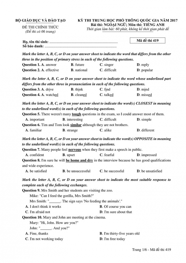 Đề và đáp án môn Tiếng Anh mã đề 419 thi THPT quốc gia năm 2017 - đáp án của bộ GD-ĐT
