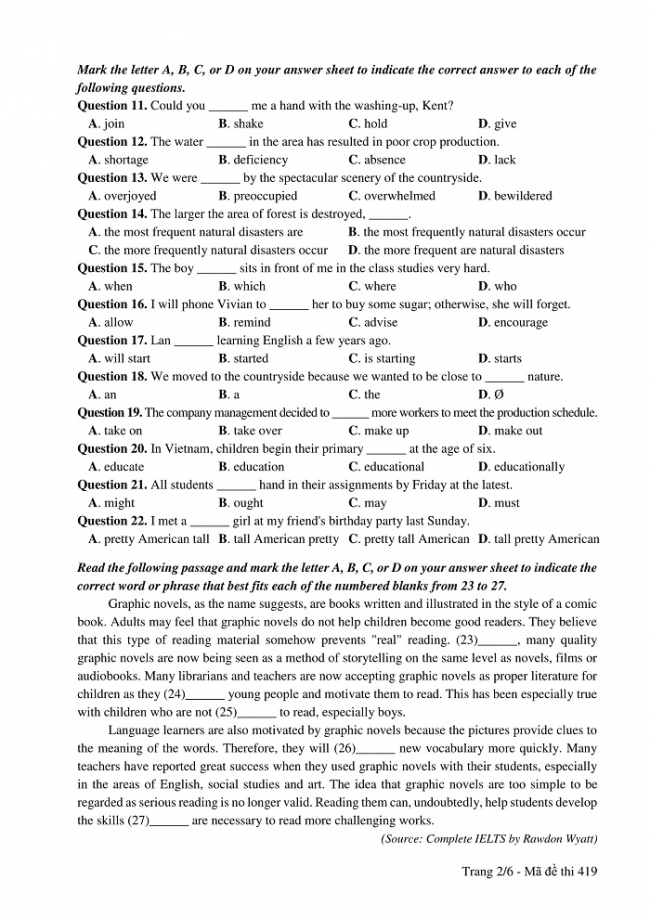 Đề và đáp án môn Tiếng Anh mã đề 419 thi THPT quốc gia năm 2017 - đáp án của bộ GD-ĐT