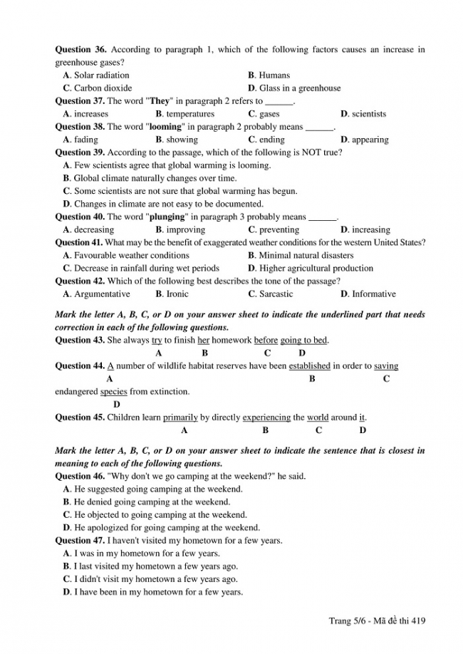 Đề và đáp án môn Tiếng Anh mã đề 419 thi THPT quốc gia năm 2017 - đáp án của bộ GD-ĐT