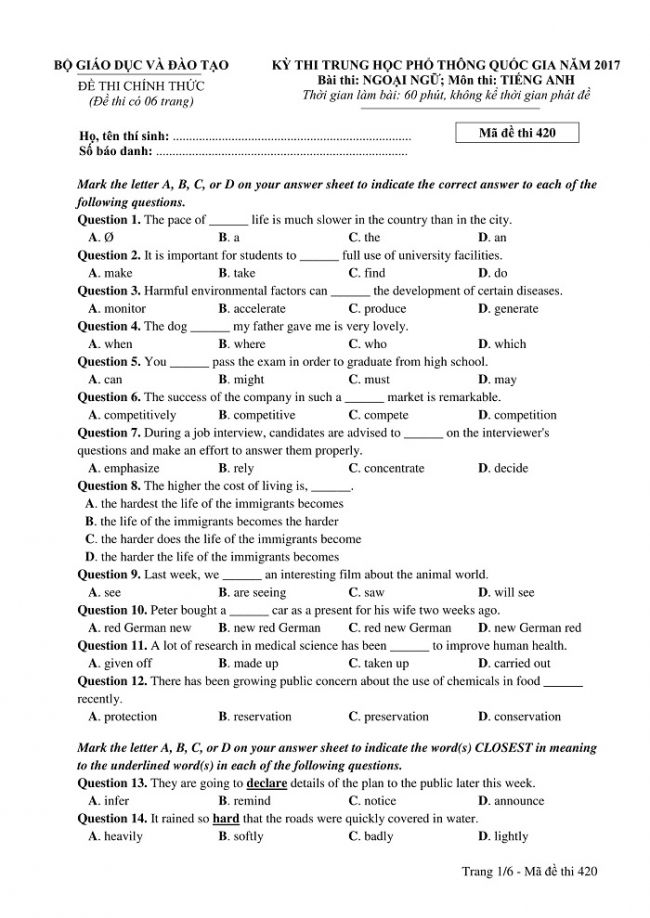 Đề và đáp án môn Tiếng Anh mã đề 420 thi THPT quốc gia năm 2017 - đáp án của bộ GD-ĐT