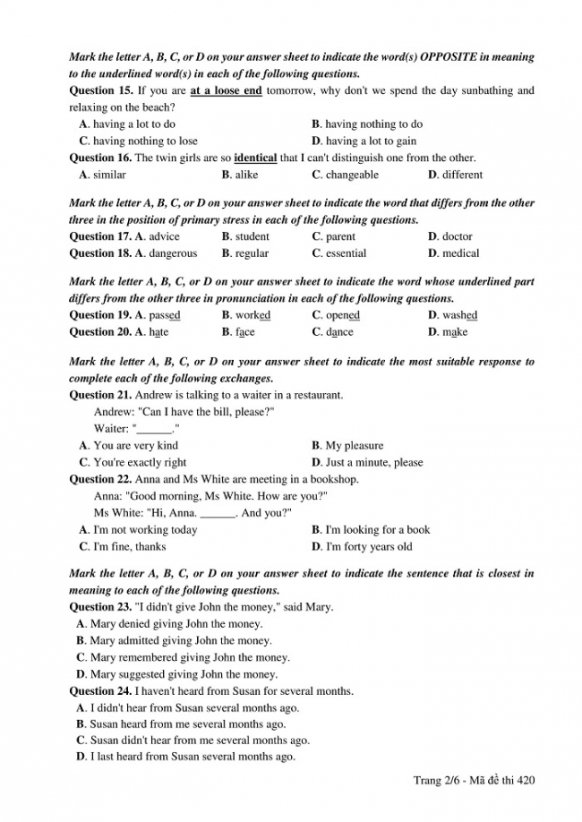 Đề và đáp án môn Tiếng Anh mã đề 420 thi THPT quốc gia năm 2017 - đáp án của bộ GD-ĐT