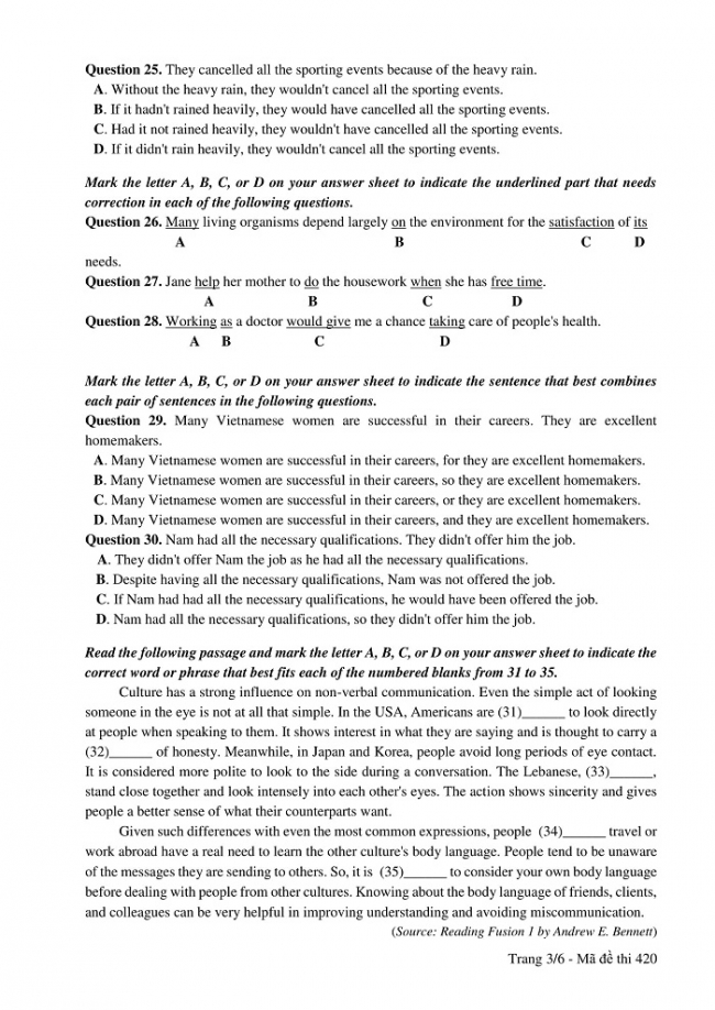 Đề và đáp án môn Tiếng Anh mã đề 420 thi THPT quốc gia năm 2017 - đáp án của bộ GD-ĐT