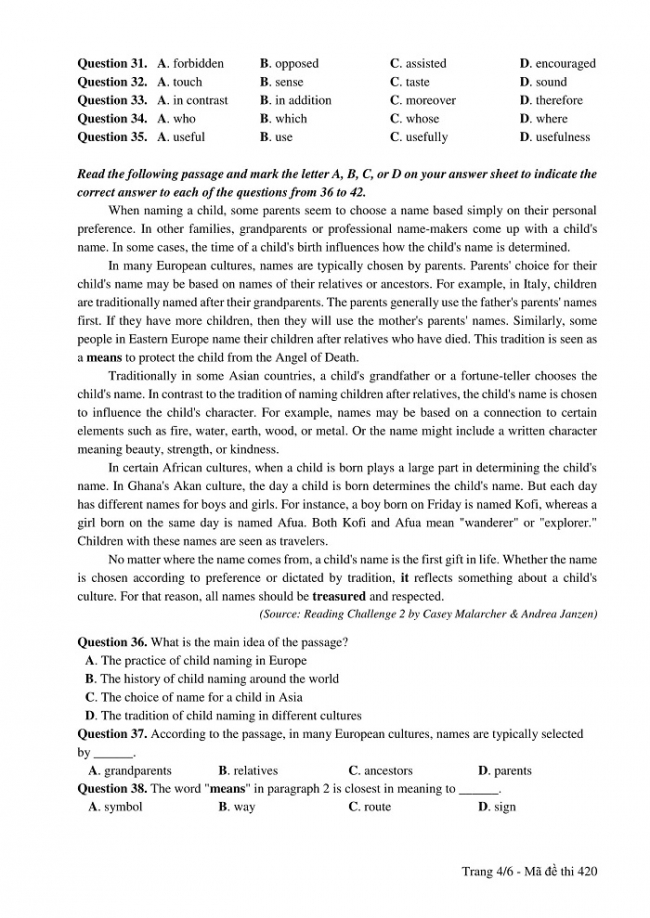 Đề và đáp án môn Tiếng Anh mã đề 420 thi THPT quốc gia năm 2017 - đáp án của bộ GD-ĐT