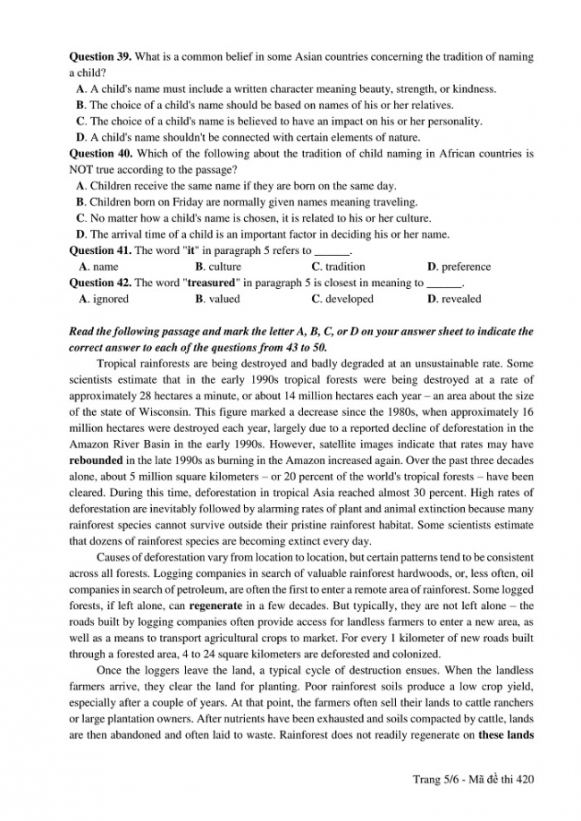Đề và đáp án môn Tiếng Anh mã đề 420 thi THPT quốc gia năm 2017 - đáp án của bộ GD-ĐT