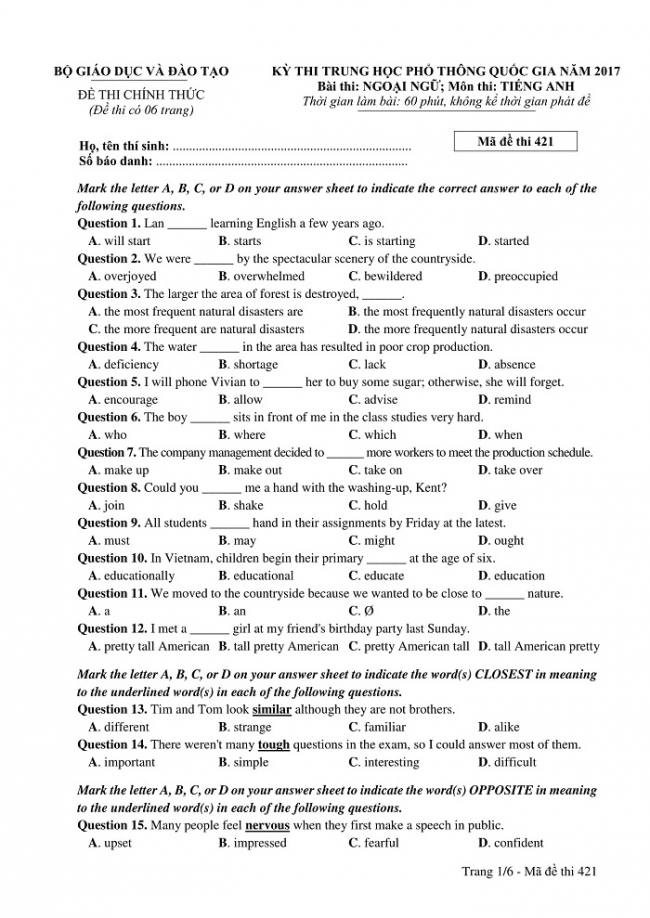 Đề và đáp án môn Tiếng Anh mã đề 421 thi THPT quốc gia năm 2017 - đáp án của bộ GD-ĐT