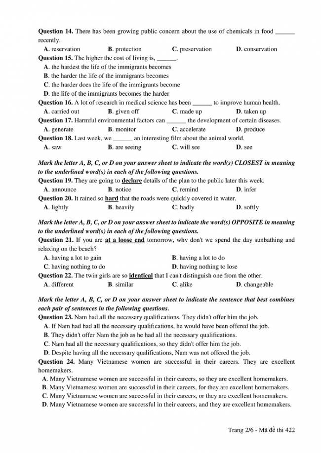 Đề và đáp án môn Tiếng Anh mã đề 422 thi THPT quốc gia năm 2017 - đáp án của bộ GD-ĐT