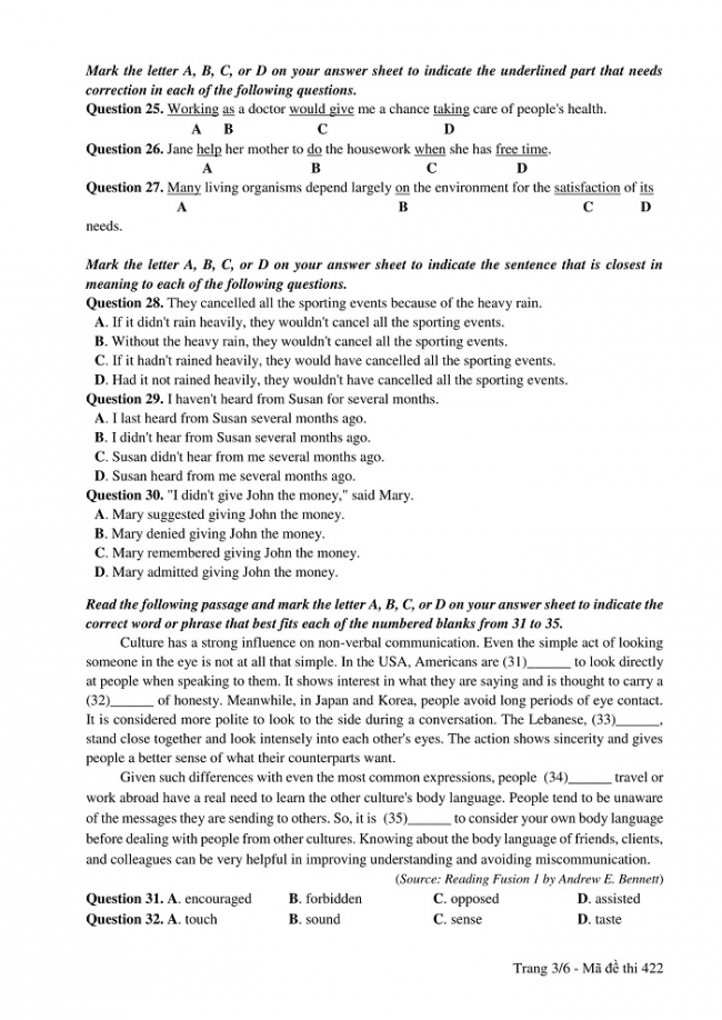 Đề và đáp án môn Tiếng Anh mã đề 422 thi THPT quốc gia năm 2017 - đáp án của bộ GD-ĐT