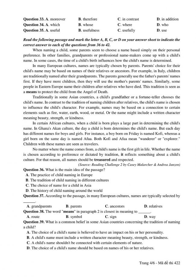 Đề và đáp án môn Tiếng Anh mã đề 422 thi THPT quốc gia năm 2017 - đáp án của bộ GD-ĐT
