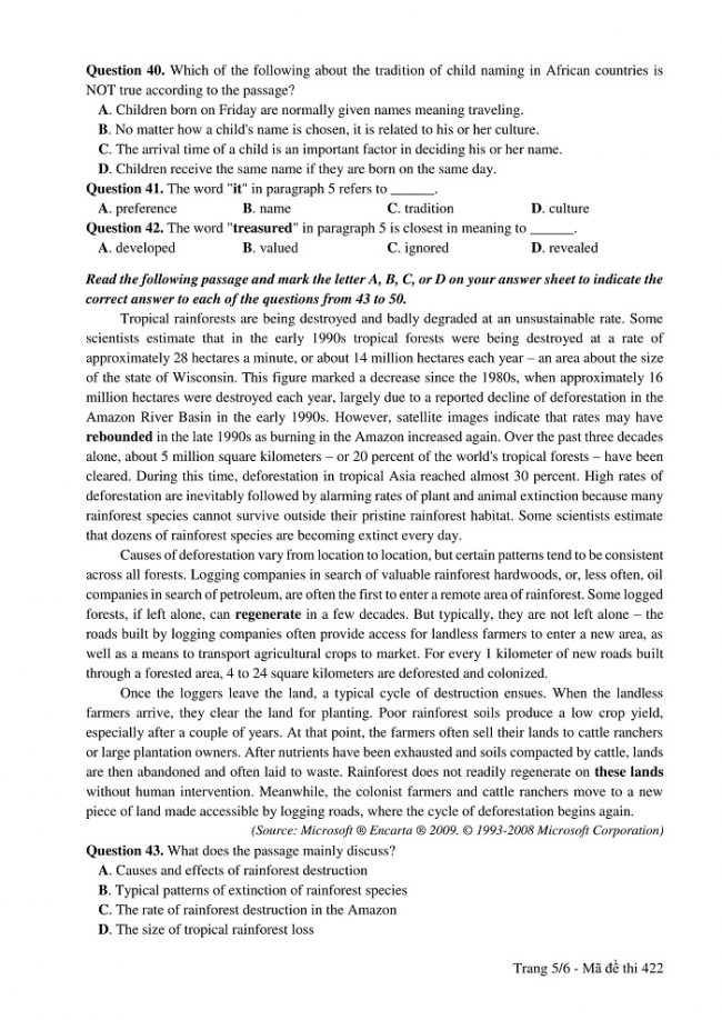 Đề và đáp án môn Tiếng Anh mã đề 422 thi THPT quốc gia năm 2017 - đáp án của bộ GD-ĐT