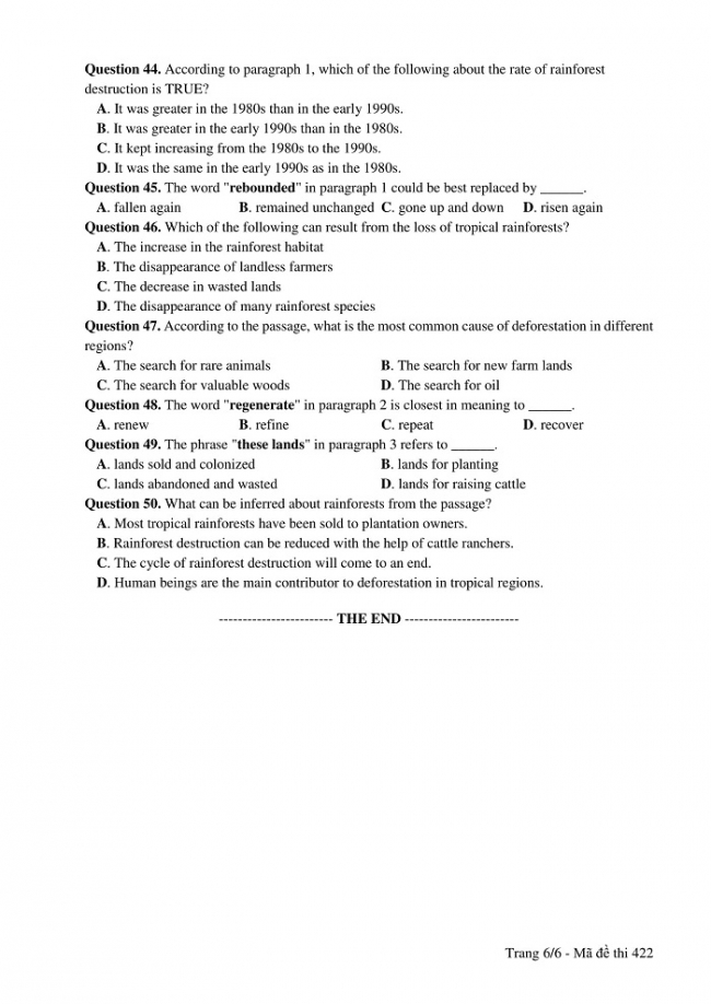 Đề và đáp án môn Tiếng Anh mã đề 422 thi THPT quốc gia năm 2017 - đáp án của bộ GD-ĐT
