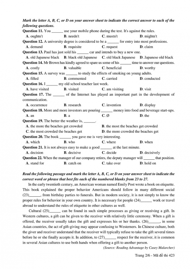 Đề và đáp án môn Tiếng Anh mã đề 423 thi THPT quốc gia năm 2017 - đáp án của bộ GD-ĐT