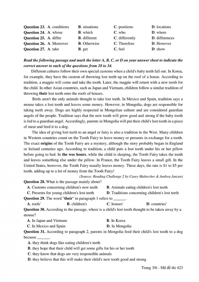 Đề và đáp án môn Tiếng Anh mã đề 423 thi THPT quốc gia năm 2017 - đáp án của bộ GD-ĐT