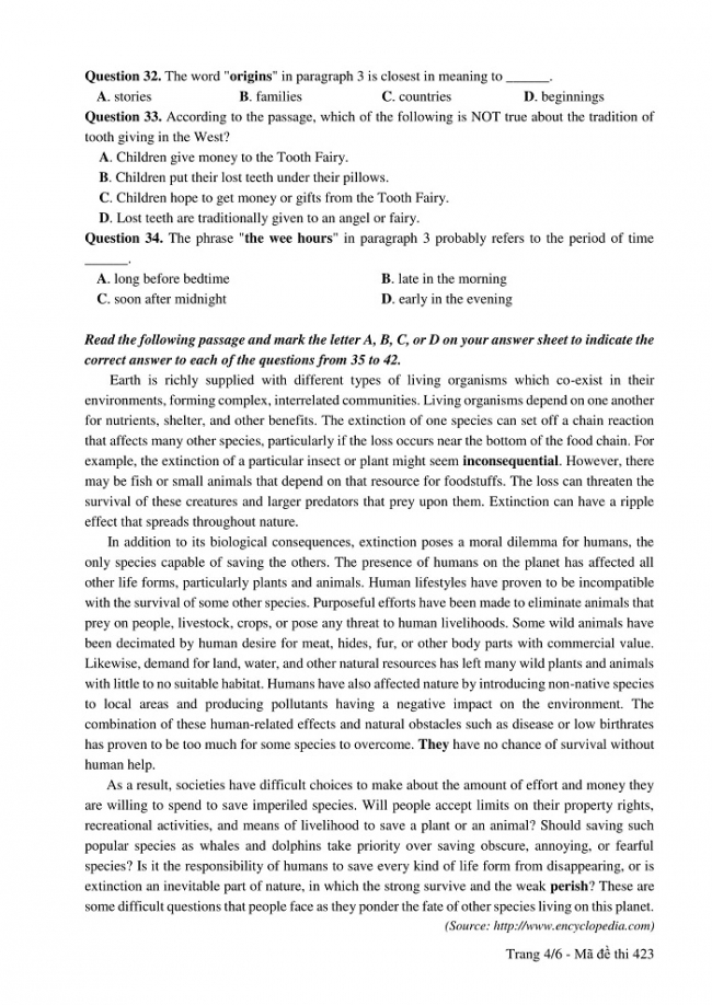 Đề và đáp án môn Tiếng Anh mã đề 423 thi THPT quốc gia năm 2017 - đáp án của bộ GD-ĐT