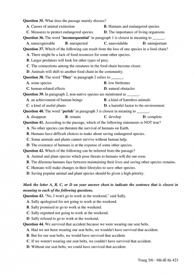 Đề và đáp án môn Tiếng Anh mã đề 423 thi THPT quốc gia năm 2017 - đáp án của bộ GD-ĐT
