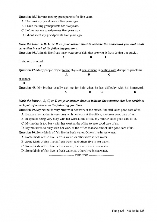 Đề và đáp án môn Tiếng Anh mã đề 423 thi THPT quốc gia năm 2017 - đáp án của bộ GD-ĐT