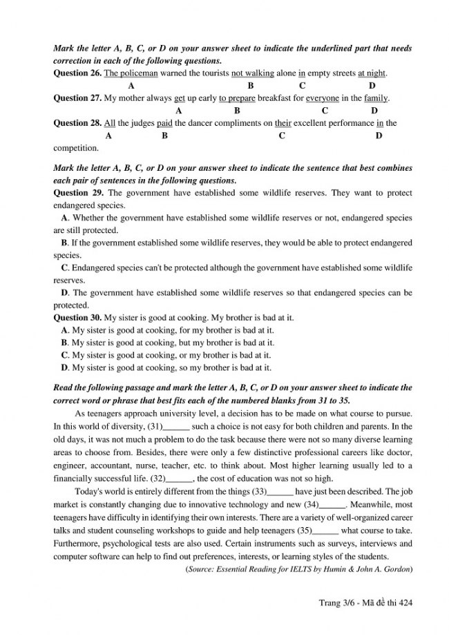 Đề và đáp án môn Tiếng Anh mã đề 424 thi THPT quốc gia năm 2017 - đáp án của bộ GD-ĐT