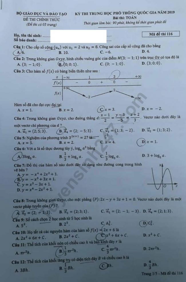 Thi THPTQG 2019: Đề thi và đáp án môn Toán mã đề 116