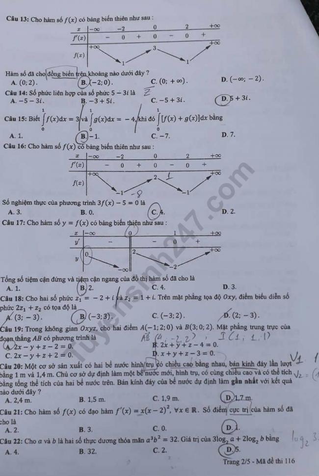 Thi THPTQG 2019: Đề thi và đáp án môn Toán mã đề 116