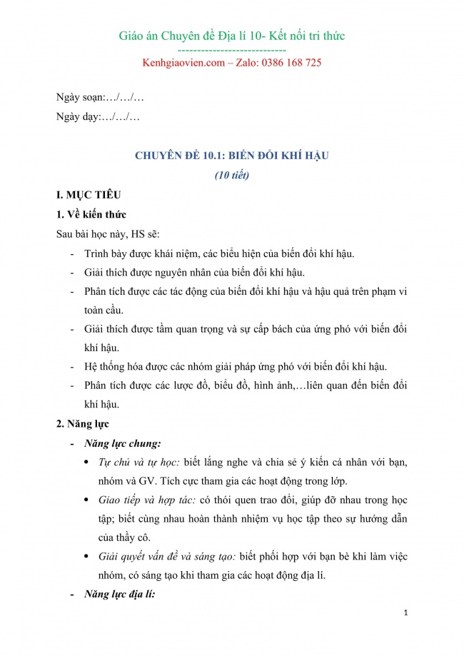 Giáo án word chuyên đề địa lí 10 kết nối tri thức cả năm