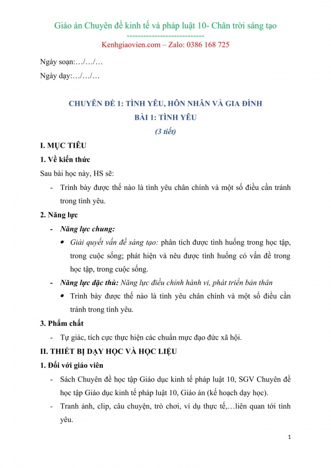 Giáo án word chuyên đề giáo dục kinh tế pháp luật 10 chân trời sáng tạo cả năm