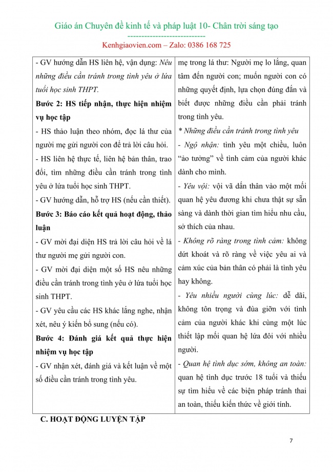 Giáo án word chuyên đề giáo dục kinh tế pháp luật 10 chân trời sáng tạo cả năm