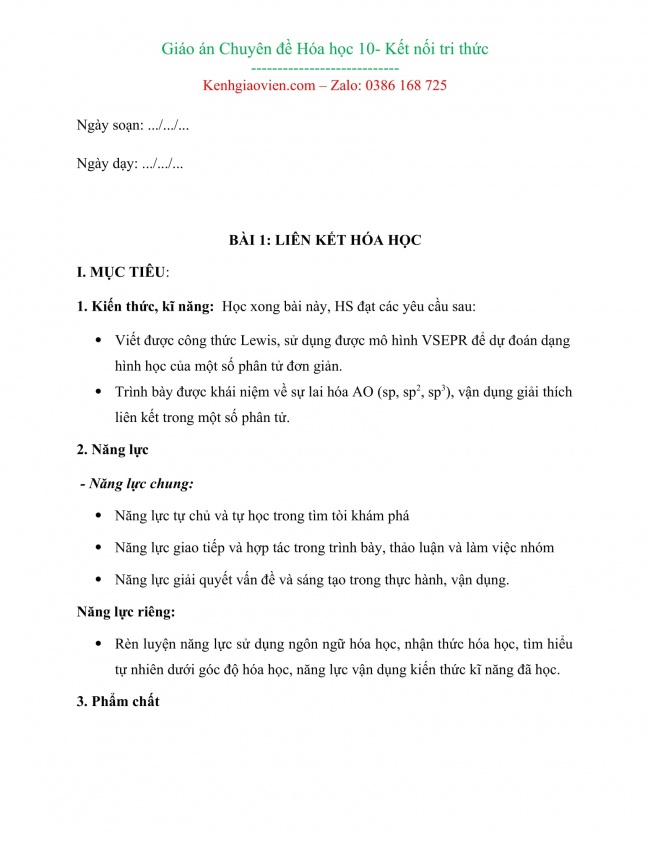 Giáo án word chuyên đề hoá học 10 kết nối tri thức cả năm