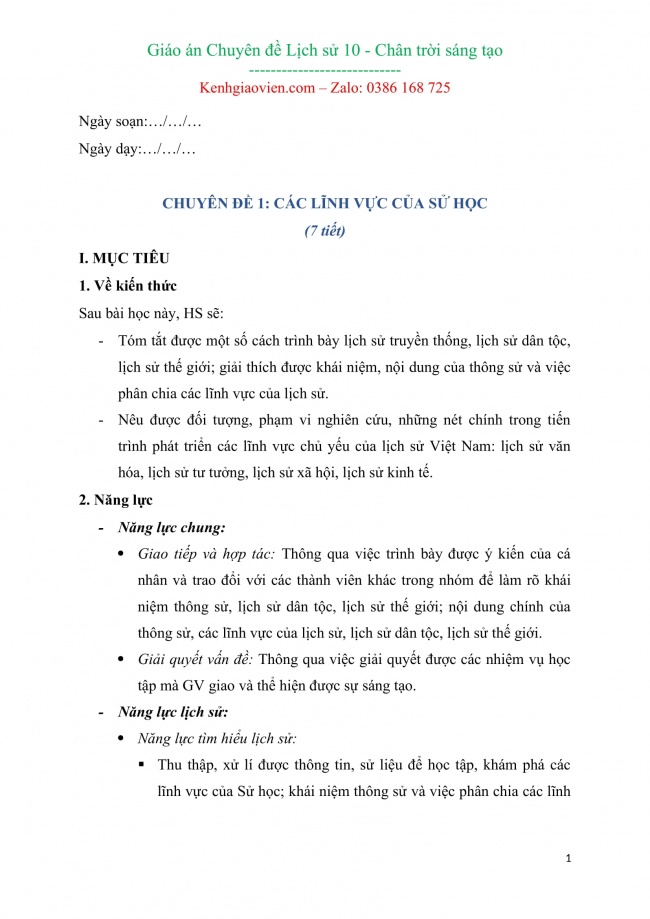 Giáo án word chuyên đề lịch sử 10 chân trời sáng tạo cả năm