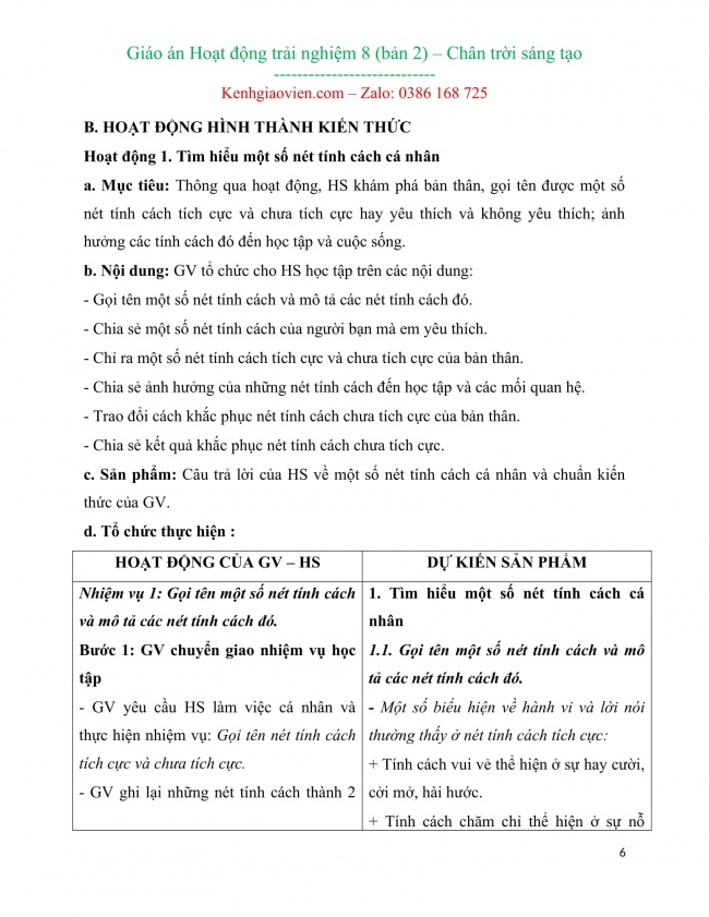 Giáo án hoạt động trải nghiệm 8 mới năm 2023 chân trời sáng tạo (bản 2)