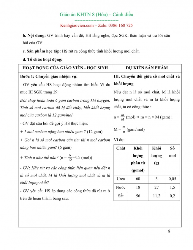 Giáo án hóa học 8 mới năm 2023 cánh diều