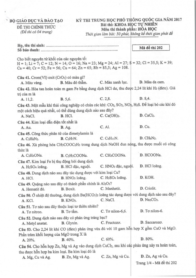 Đề và đáp án môn Hóa học mã đề 202 thi THPT quốc gia năm 2017 - đáp án của bộ GD-ĐT