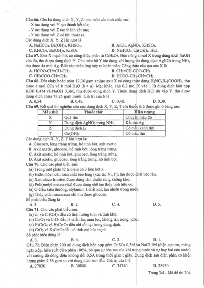 Đề và đáp án môn Hóa học mã đề 204 thi THPT quốc gia năm 2017 - đáp án của bộ GD-ĐT