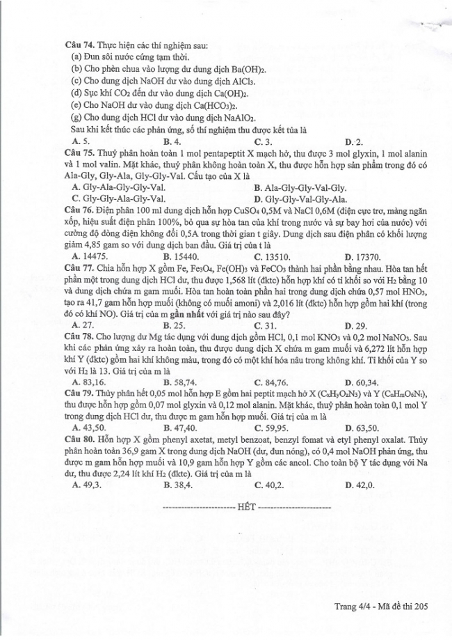 Đề và đáp án môn Hóa học mã đề 205 thi THPT quốc gia năm 2017 - đáp án của bộ GD-ĐT