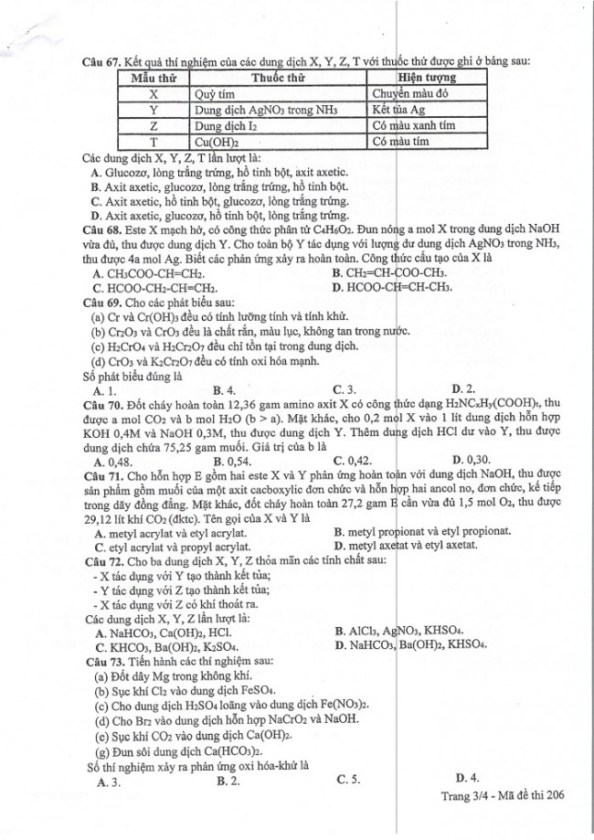 Đề và đáp án môn Hóa học mã đề 206 thi THPT quốc gia năm 2017 - đáp án của bộ GD-ĐT