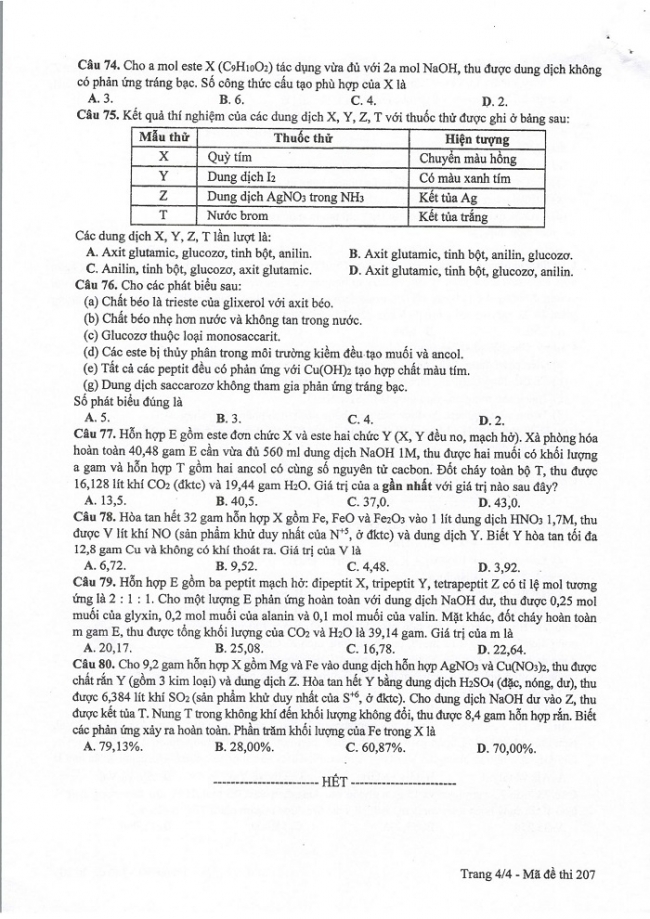 Đề và đáp án môn Hóa học mã đề 207 thi THPT quốc gia năm 2017 - đáp án của bộ GD-ĐT