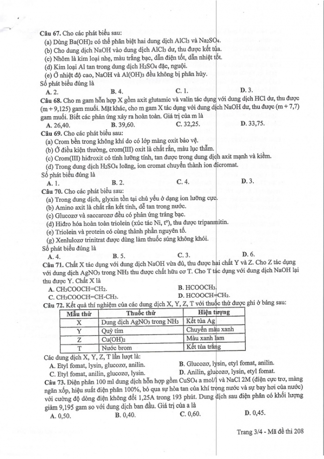 Đề và đáp án môn Hóa học mã đề 208 thi THPT quốc gia năm 2017 - đáp án của bộ GD-ĐT