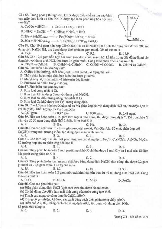Đề và đáp án môn Hóa học mã đề 209 thi THPT quốc gia năm 2017 - đáp án của bộ GD-ĐT