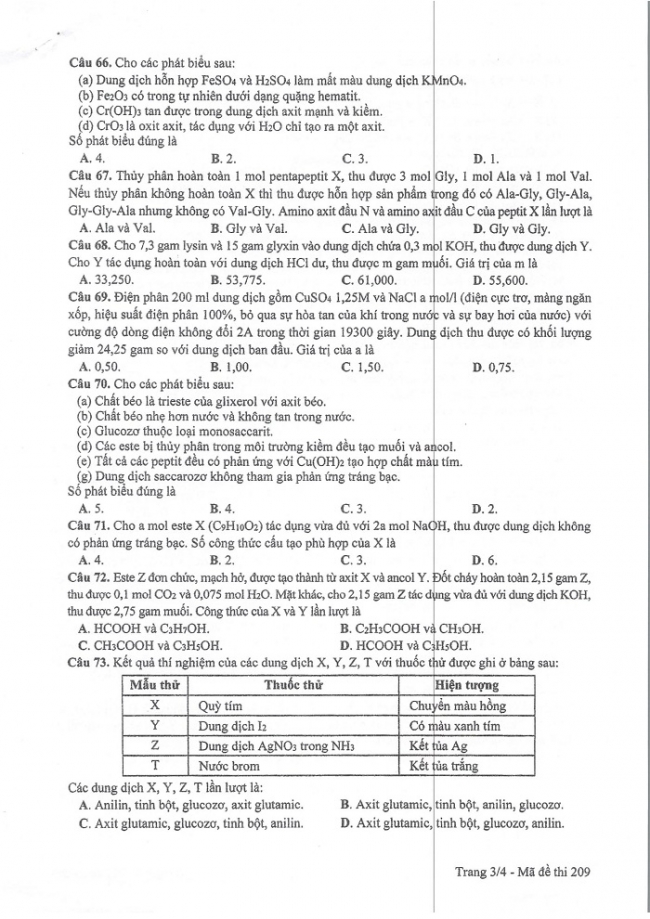 Đề và đáp án môn Hóa học mã đề 209 thi THPT quốc gia năm 2017 - đáp án của bộ GD-ĐT