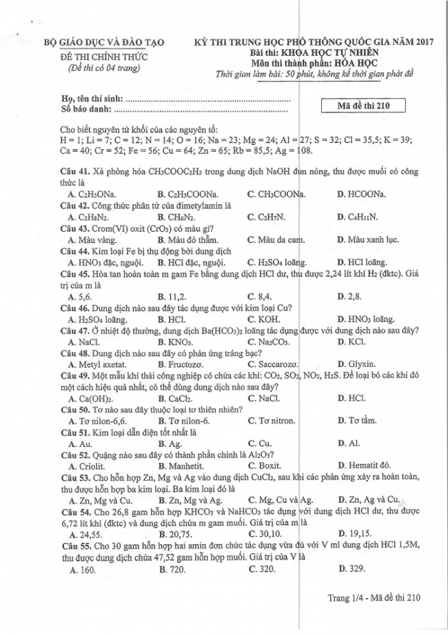 Đề và đáp án môn Hóa học mã đề 210 thi THPT quốc gia năm 2017 - đáp án của bộ GD-ĐT