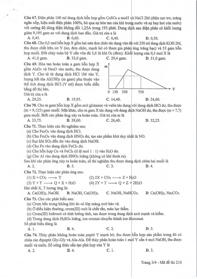 Đề và đáp án môn Hóa học mã đề 210 thi THPT quốc gia năm 2017 - đáp án của bộ GD-ĐT