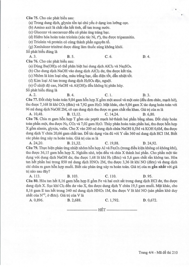 Đề và đáp án môn Hóa học mã đề 210 thi THPT quốc gia năm 2017 - đáp án của bộ GD-ĐT