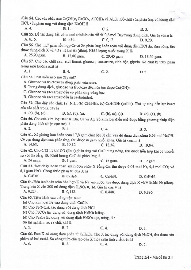 Đề và đáp án môn Hóa học mã đề 211 thi THPT quốc gia năm 2017 - đáp án của bộ GD-ĐT